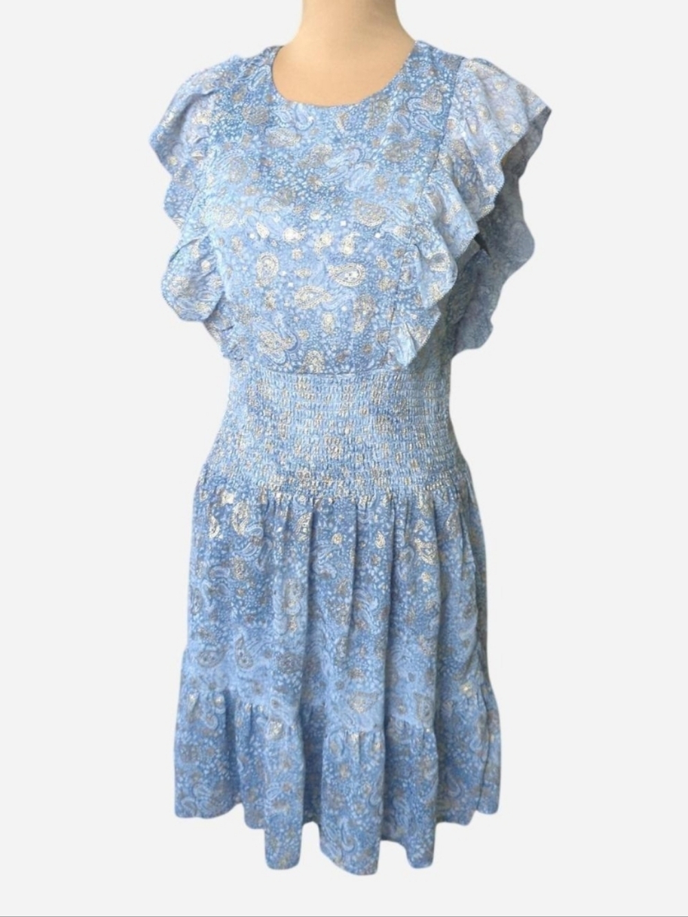 NEW Michael Kors Blue Gold Paisley Ruffle Dress Size XS Preppy Feminine Summer - Picture 1 of 8